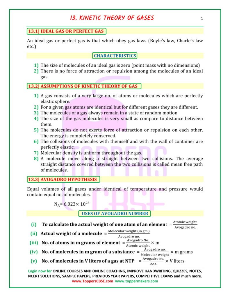 CBSE class 11 Physics Notes Chapter 13. Kinetic Theory of Gases ...