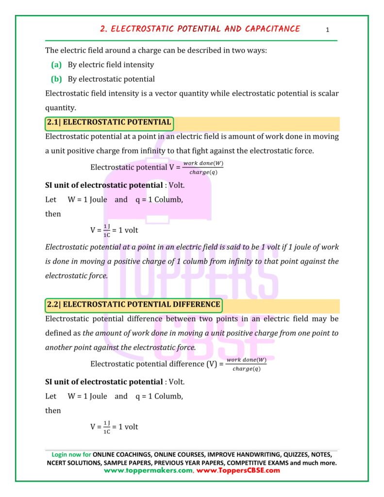 Class 12 Physics Notes of Chapter 2 Electrostatic Potential and ...