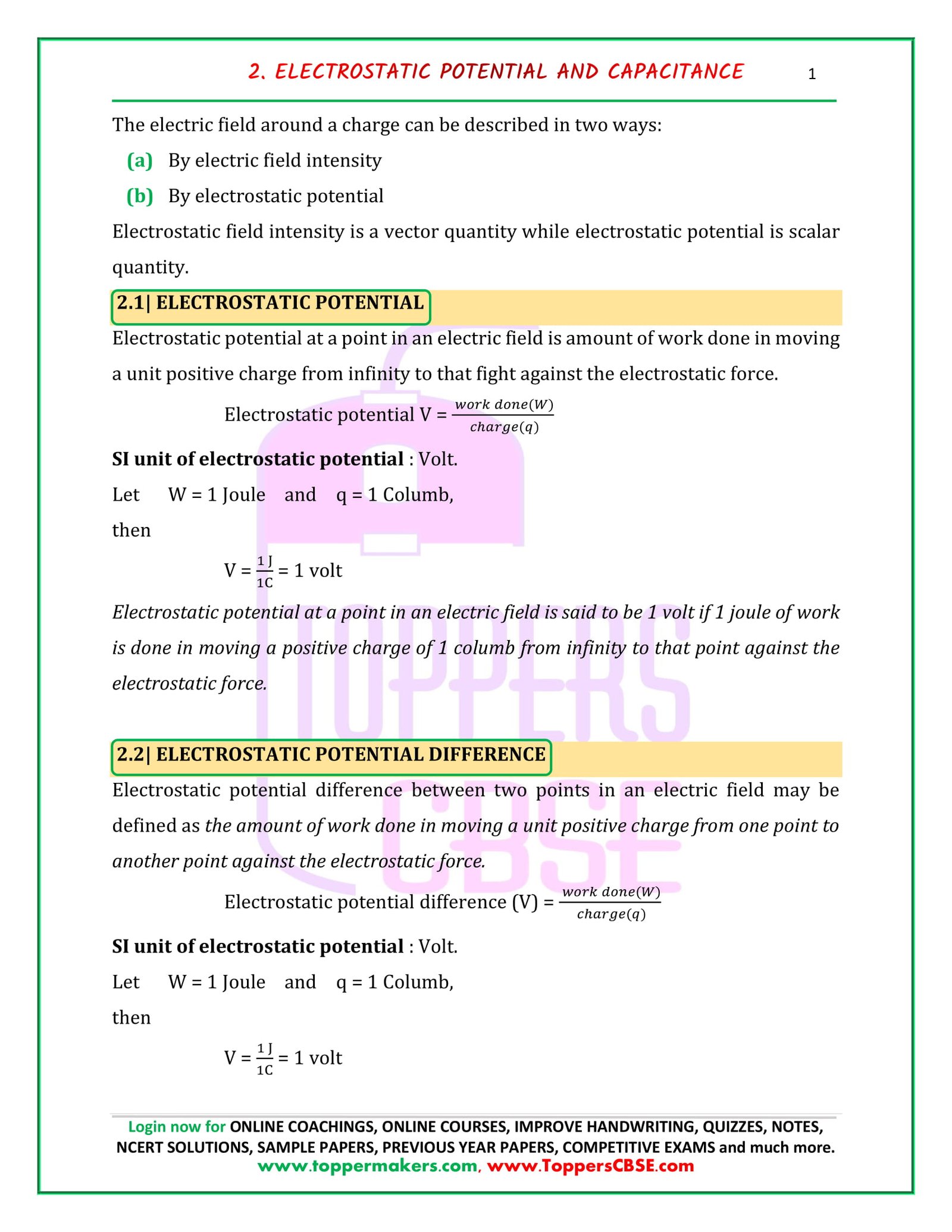 Class 12 Physics Notes of Chapter 2 Electrostatic Potential and ...