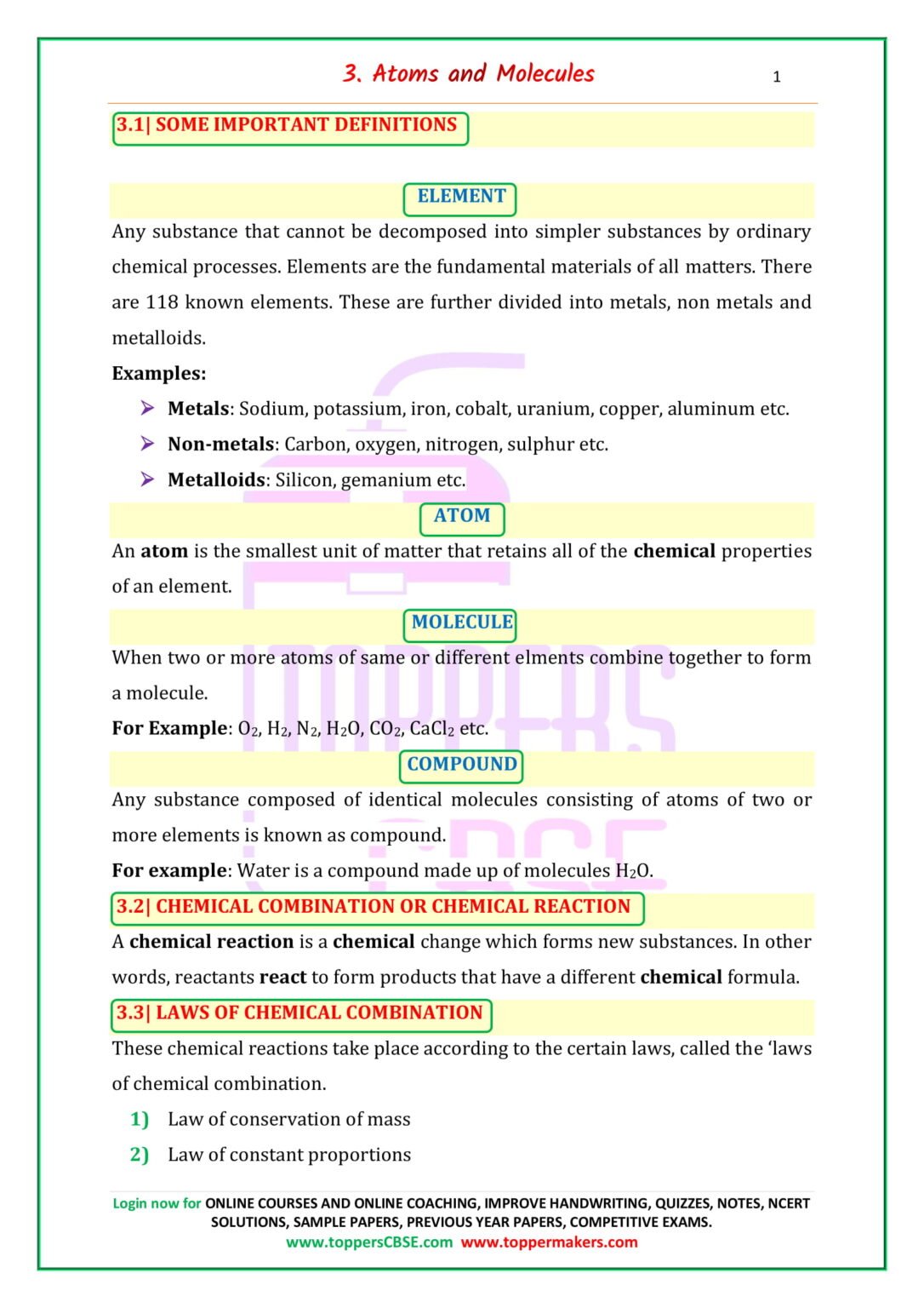 CBSE Class 9 Science Notes Chapter 3 Atoms and Molecules | Toppers CBSE ...