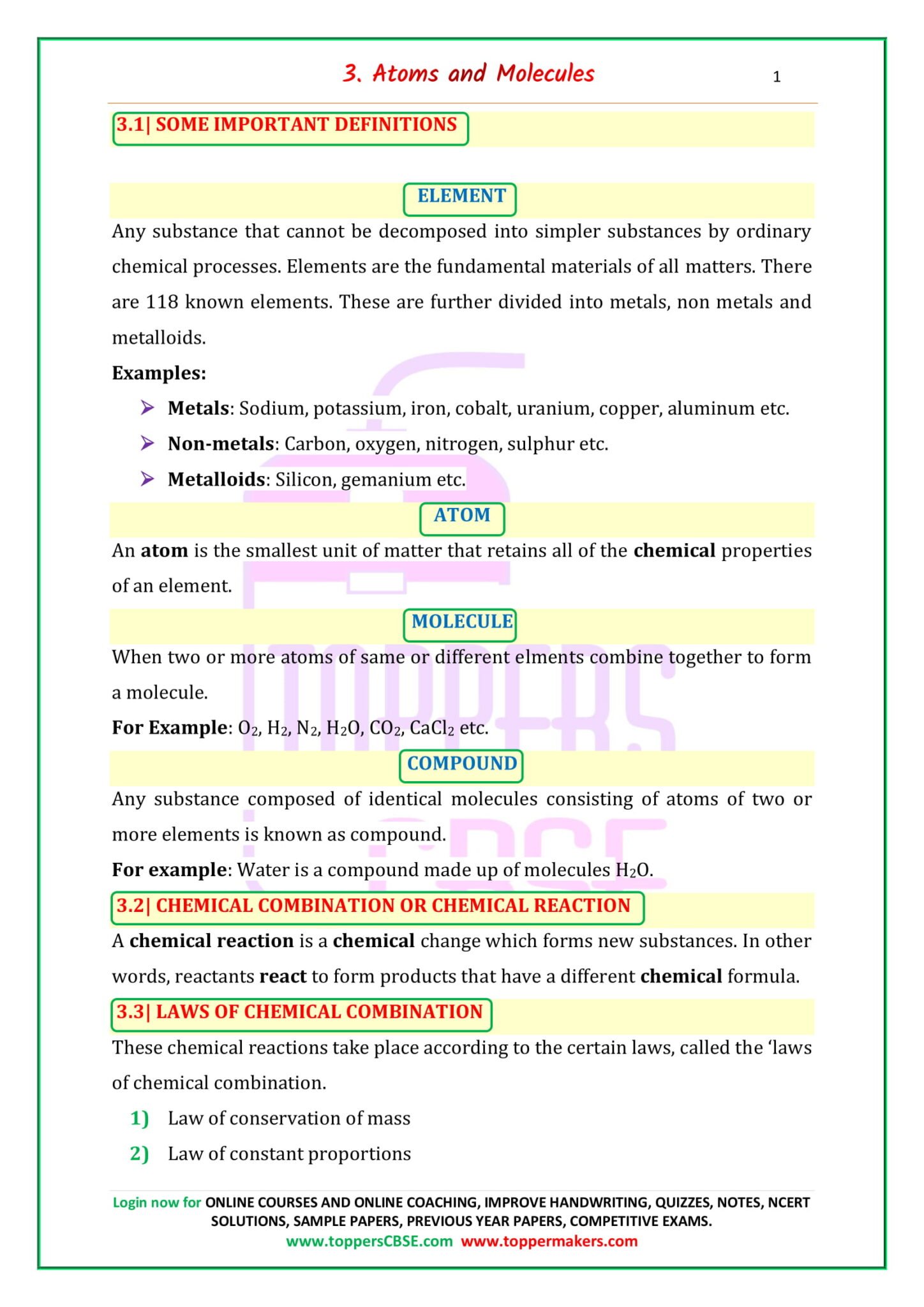 Cbse Class 9 Science Notes Chapter 3 Atoms And Molecules Toppers Cbse Online Coaching Ncert