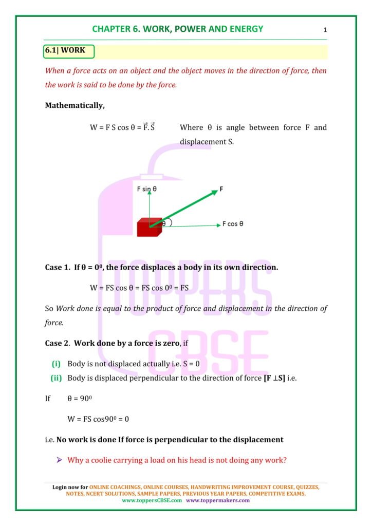 cbse class 11 physics notes chapter 6 work energy and power toppers