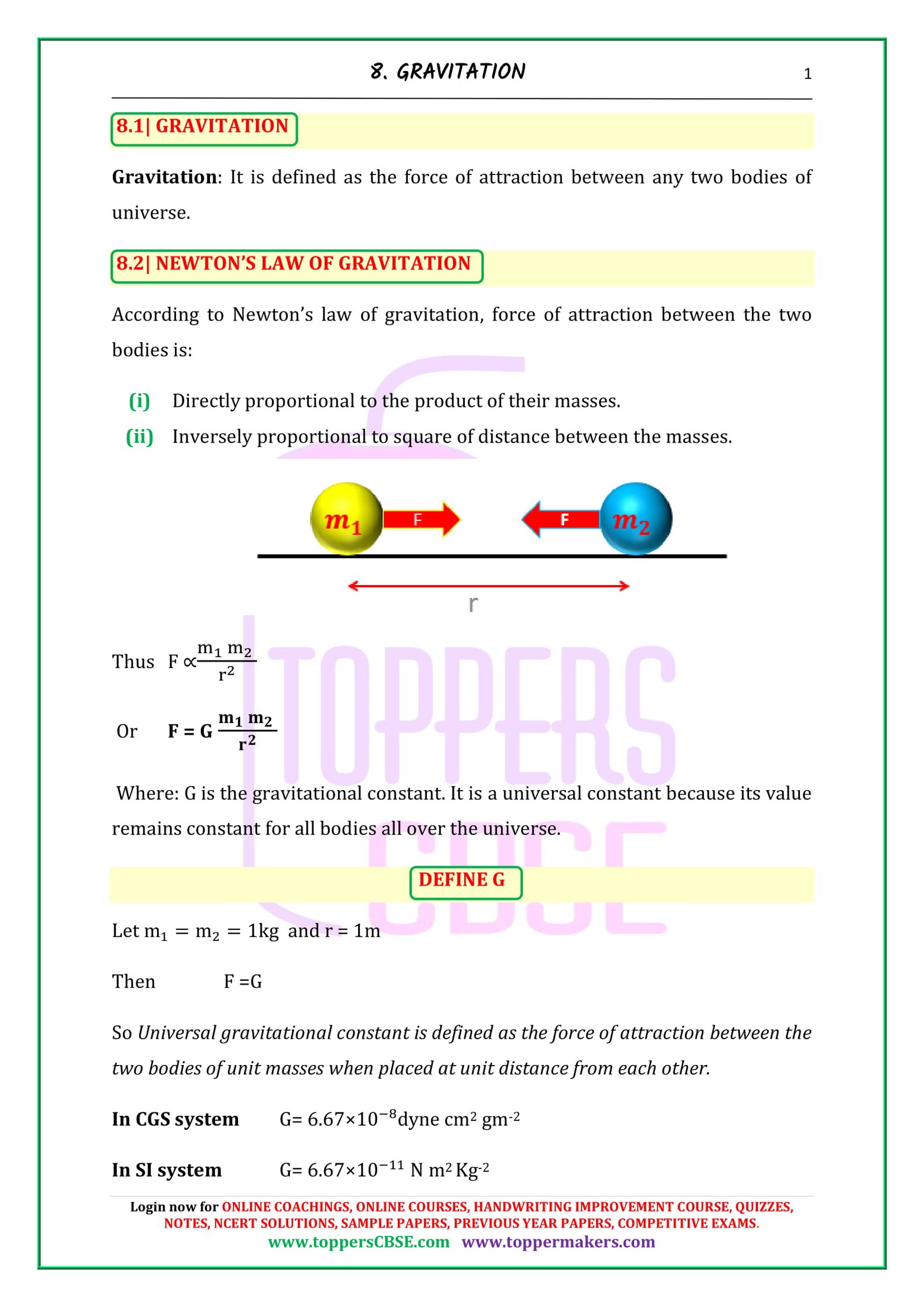 Cbse Class 11 Physics Notes Chapter 8 Gravitation Toppers Cbse Online Coachingncert 9963