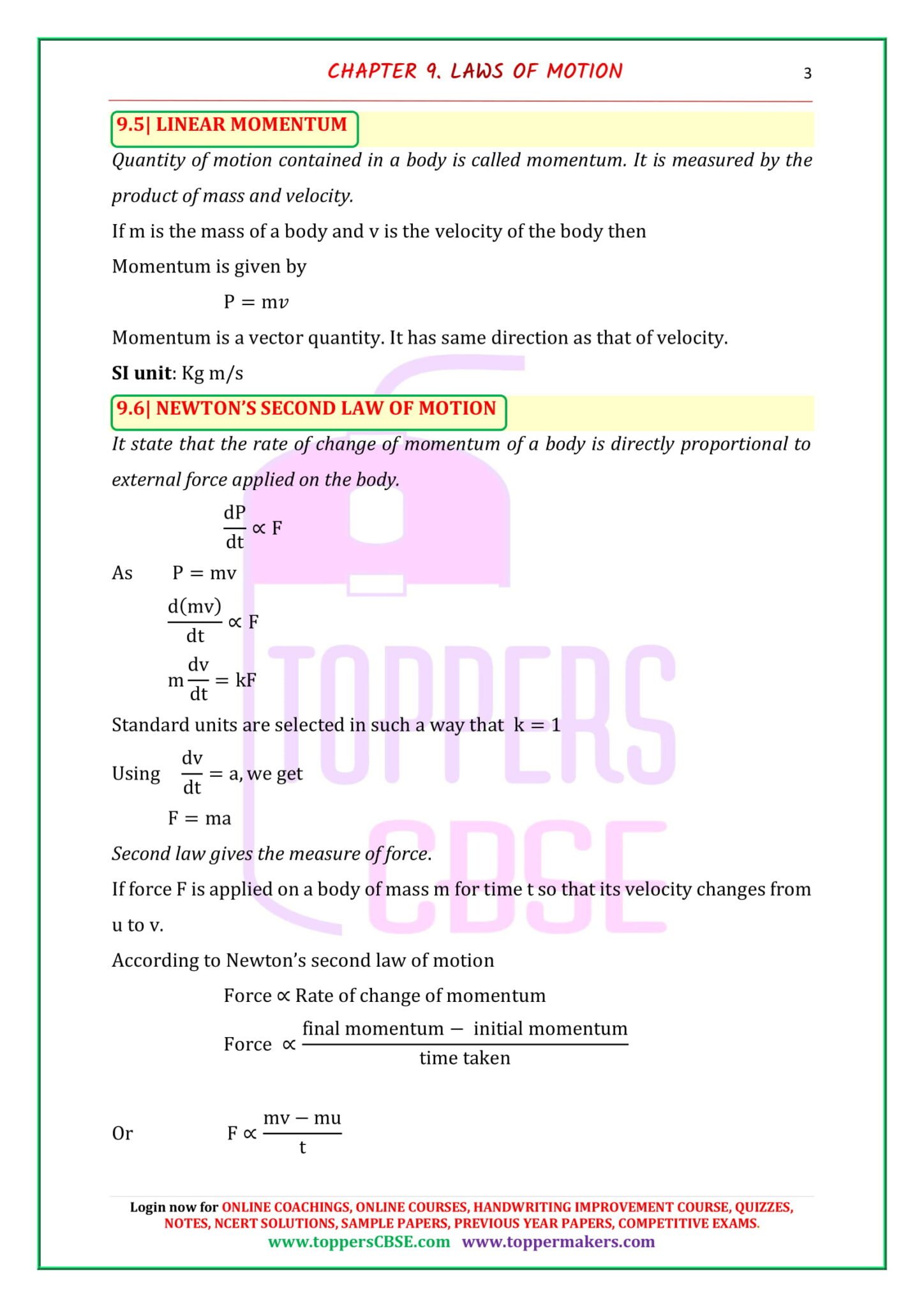 CBSE Class 9 Science Notes Chapter 9 Force and Laws of Motion | Toppers ...